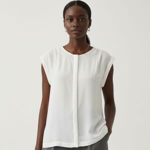 Jennifer Lopez White Beaded Trim Sheer Covered Button Down Blouse Size M